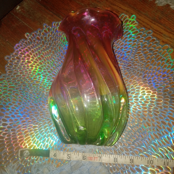 Vintage Hand-blown Teleflora Vase Watermelon Pink & Green Scallop Design 6.75" - Picture 2 of 4